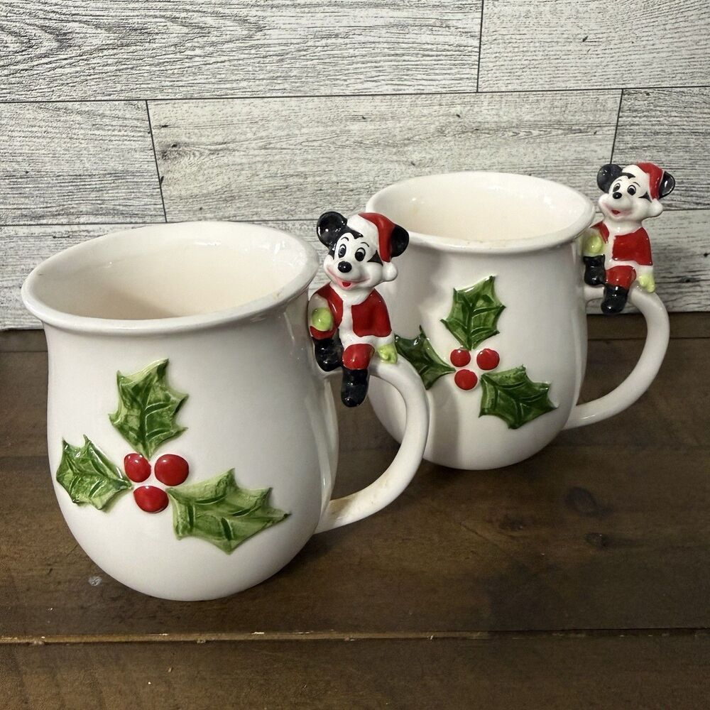 2 Walt Disney Mickey Mouse Christmas Coffee Mugs Vintage Japan Holly Berry Pair